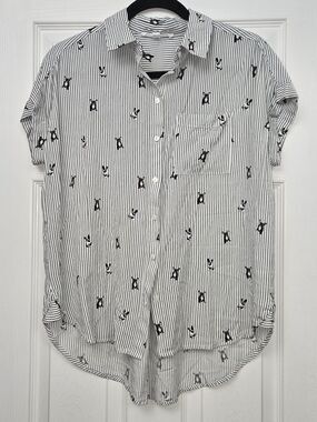 Jane+Delancey French Bulldog Stripe Short Sleeve Button Up Shirt Small Frenchie